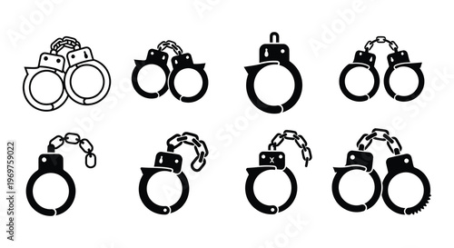 Black and white illustration depicting various views of metal handcuffs