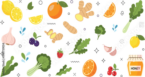 Healthy Organic Food Vector Set with Fruits, Vegetables, Ginger, Garlic, Honey, Citrus Elements, and Natural Nutrition Illustration Collection.