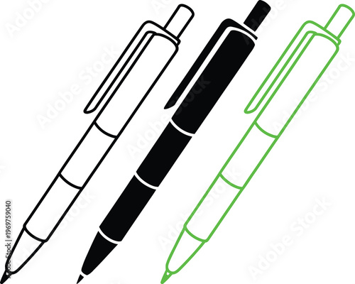Three different types of pens displayed side by side for comparison