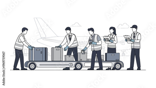 Airport Conveyor Operations: A team of airport personnel meticulously loads baggage onto a conveyor belt against the backdrop of an aircraft.