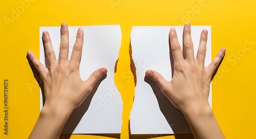 A person's hands and open palm gesture with two fingers up to show a success sign symbol for a business help concept isolated on a woman's arm