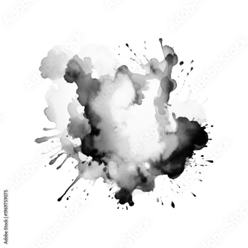 Halftone illustration of abstract ink splash in monochrome. Dynamic paint splatter with dotted shading, isolated on light background, expressive artistic element.
