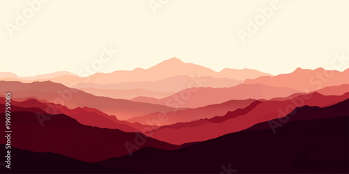 A breathtaking mountain landscape at dawn featuring a misty valley and forest silhouettes under a glowing sunrise sky with peaks rising above the morning fog and light hitting the horizon