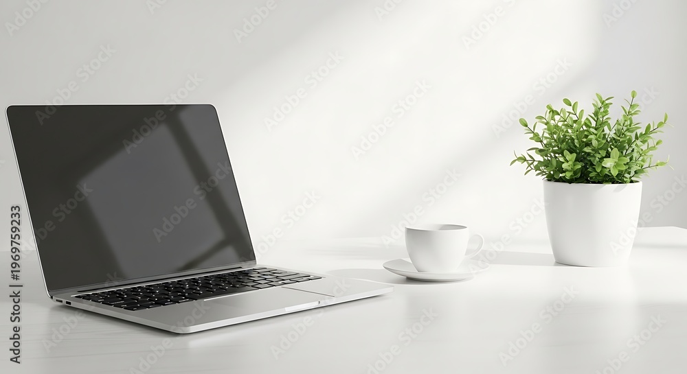 Fototapeta premium A modern laptop and a cup of coffee sit on a wooden table in a green garden office, showcasing mobile technology and business communication on a bright display screen