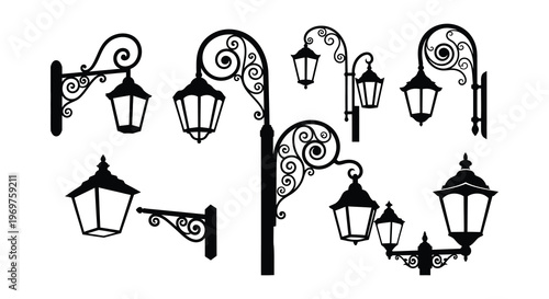 Collection of ornate black street lamps and lanterns in various designs