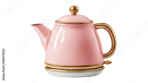 Pink retro electric kettle with gold trim and handle on white background, vintage style kitchen appliance, soft watercolor texture