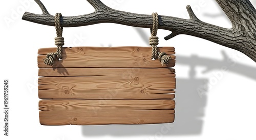 An isolated antique blank wooden signboard hanging by a vintage metal chain and rope, featuring a weathered brown plank texture on a 3d billboard frame against a white background