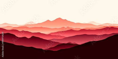 Vector illustration of a misty mountain landscape silhouette with a red sunset horizon and peaks rising above a foggy valley under a cloudy sky