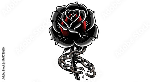 Black rose with broken chain, symbol of freedom and love.
