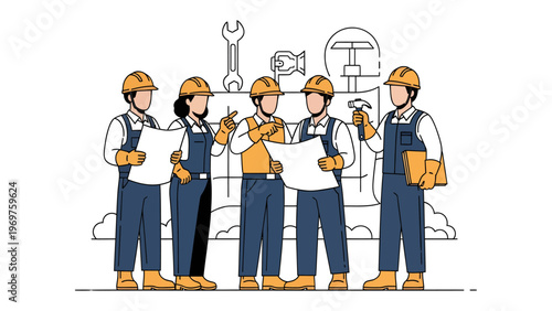 Construction Team Collaboration: A group of construction workers, equipped with hardhats and tools, gathers to review blueprints, symbolizing teamwork, planning, and the building process.