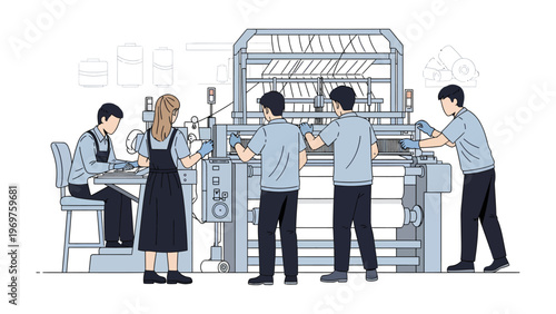 Factory Team at Work: A team of skilled technicians diligently operates complex machinery within a modern factory setting. The image portrays teamwork and dedication in a industrial environment.