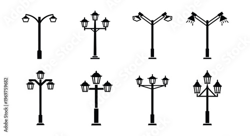 Collection of ornate black street lamps and lanterns in various designs