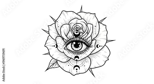 Mystical Rose with Eye and Moon Symbols, Black and White Drawing