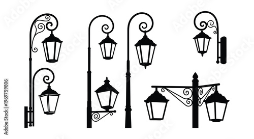 Collection of ornate black street lamps and lanterns in various designs