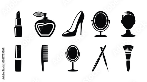 Black silhouettes of lipstick perfume bottle high heels mirror scissors brush comb and mannequin head arranged on white background