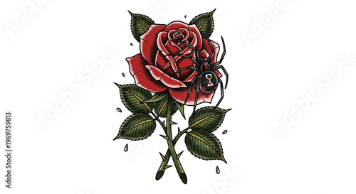 Red Rose with Black Widow Spider Tattoo Design
