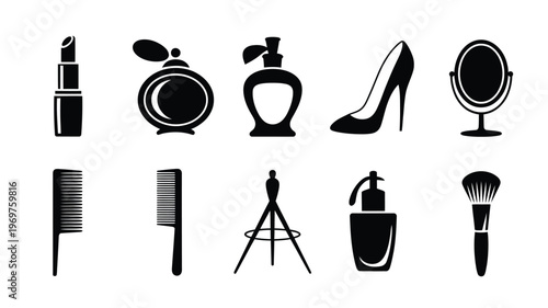 Black silhouettes of beauty products including lipstick powder compact perfume high heels and makeup brush minimalist vector icons