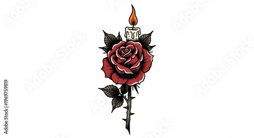 Red Rose with Burning Candle and Thorns Tattoo Design