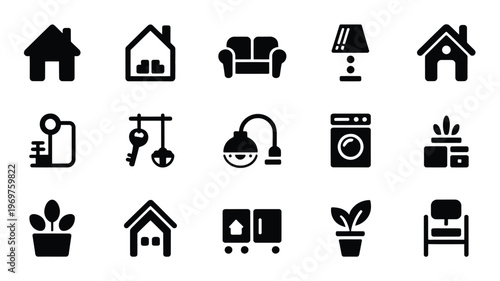 Black and white silhouette icons representing home appliances furniture plants and household items in minimalist style