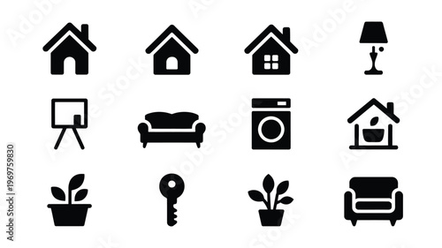 Black and white silhouette icon bundle featuring home furniture and household appliances in clean minimalist style