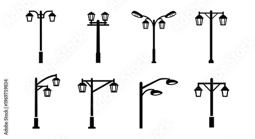 Collection of ornate black street lamps and lanterns in various designs