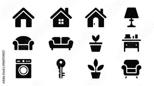 Black and white silhouette icons of home furniture appliances and plants for modern minimalist design