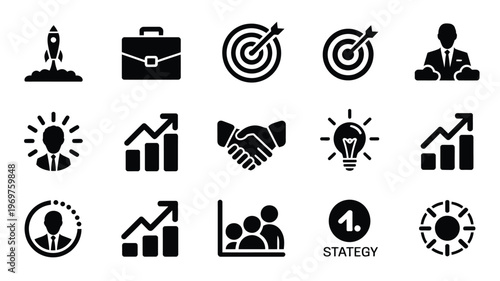 Business growth and startup strategy icons featuring silhouettes of charts targets handshakes and businesspeople in minimalist style