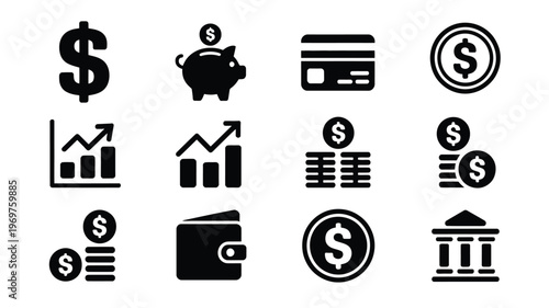 Financial icons set with money wallet piggy bank credit card and bank building symbols in bold black and white silhouettes
