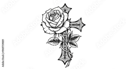 Rose and cross tattoo design, black and white sketch