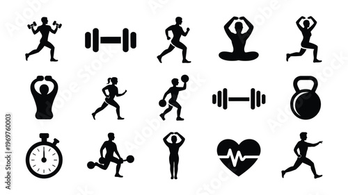 Set of black silhouette icons representing fitness exercise and workout activities with dumbbells kettlebells running stretching and health symbols