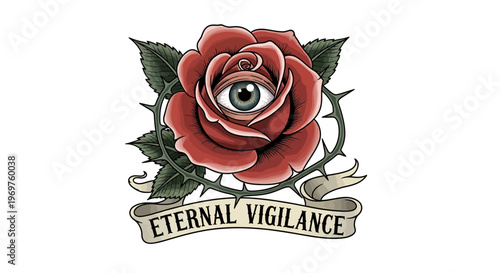 Rose with eye and banner, symbolizing eternal vigilance