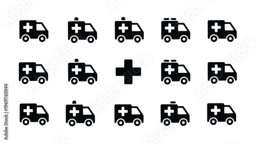 Ambulance vehicle silhouettes in grid pattern black icons on white background emergency service symbols with crosses