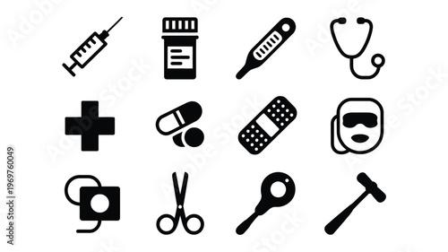 Black and white vector icons of medical equipment including syringe pills stethoscope bandage and scissors isolated on white background for healthcare and medical concepts