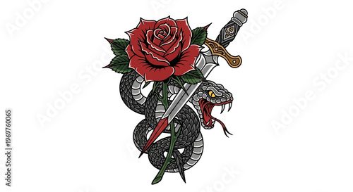 Rose, Snake, and Dagger Tattoo Design