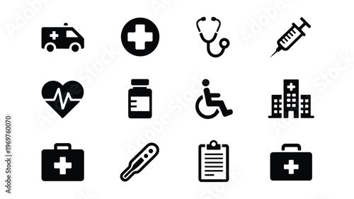 Healthcare vector icons with medical symbols hospital building and first aid elements in clean black and white design