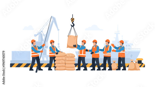 Unloading Cargo: Dockworkers in safety attire efficiently collaborate to unload sacks of cargo from a crane, representing the seamless workflow and logistical prowess within the industry. 