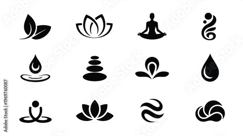 Minimalist wellness symbols featuring meditative poses lotus flowers stacked stones and calming waves for relaxation