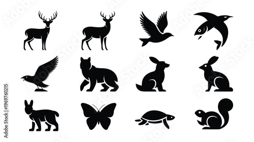 Canvas Print Minimalist black silhouettes of twelve wild animals including a deer fox rabbit