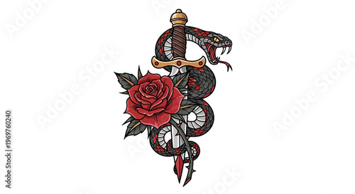 Snake entwined with rose and dagger, tattoo art style, white background