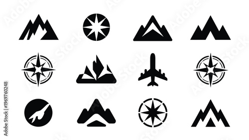 Collection of travel themed logo silhouettes featuring mountains compasses and airplanes minimalistic and bold design in black and white