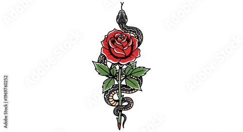 Snake Wrapped Around Red Rose Stem, Tattoo Design