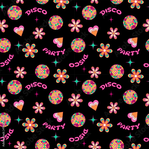 Retro Disco Party Seamless Pattern. Groovy 70s Aesthetic Background with Disco Balls, Hippie Flowers, Hearts and Sparkles. Colorful Vector Illustration for Fabric, Wallpaper and Trendy Stationery.
