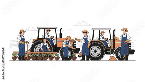 Farming Team and Tractors: Farmers work together to tend their fields with tractors, cultivating their crops with a shared sense of purpose.