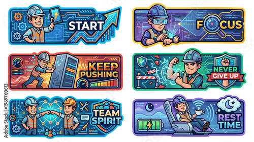 Workers Motivation Sticker Banner Set for Industrial Technology and Startup Career with Start Focus Keep Pushing Never Give Up Team Spirit and Rest Time Concept for Professional Workplace Success