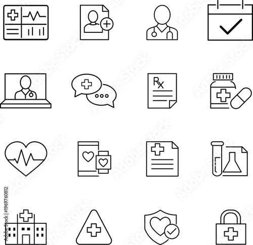 Healthcare & Medical UI Icons Set – Hospital, Telemedicine, Prescription, Heart Rate, Medical Dashboard Line Icons