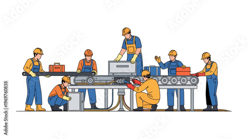 Industrial Assembly Line: A team of skilled technicians diligently working together on an industrial assembly line, meticulously assembling a complex machine with focus and precision.