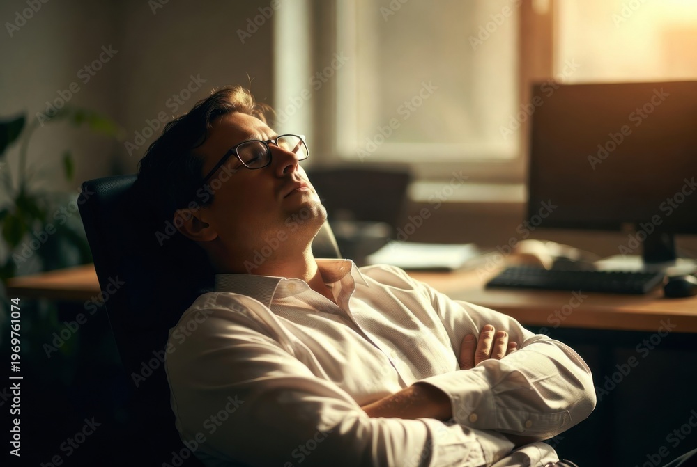 Obraz premium Businessman Relaxing at Office Desk Taking Break from Work