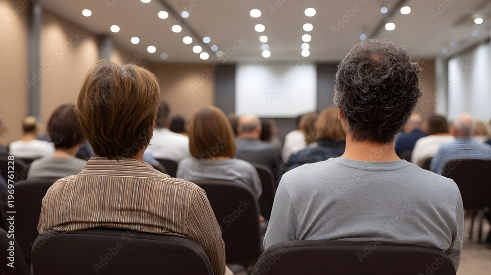 Fototapeta premium Audience viewed from behind seated in a conference hall during an important presentation or event