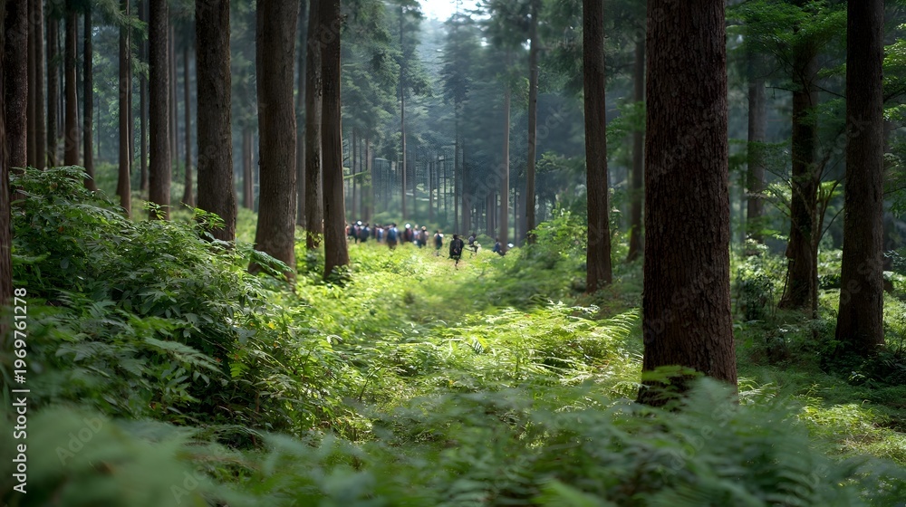 Fototapeta premium A group of people walk along a sun d d forest path surrounded by lush green ferns and tall trees