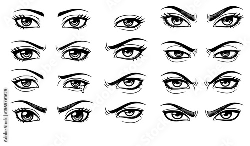 Manga anime eyes collection expressive character eye styles black line vector isolated on white